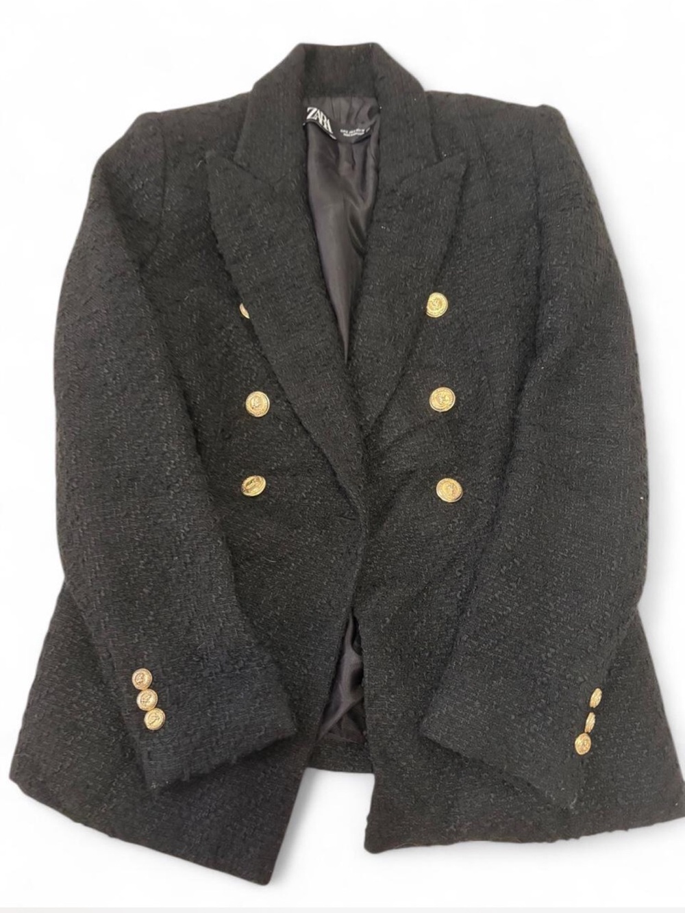 Zara Black Bouclé Double-Breasted Blazer with Gold Buttons
